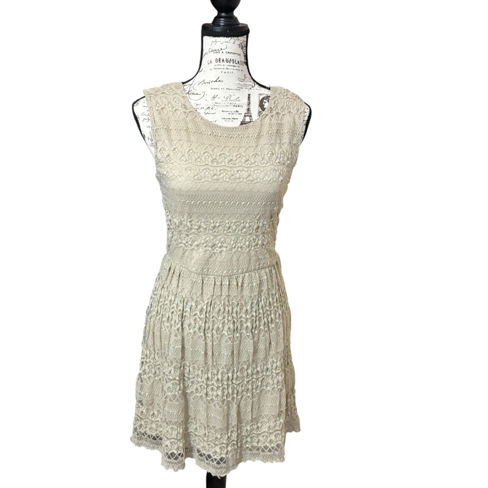 Three Hearts Elegant Lace Mini Dress in Beige/ Cream/ Gold
